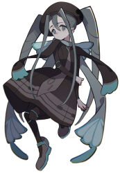 Rule 34 | 1girl, absurdres, animal print, aqua eyes, aqua hair, brown dress, brown headwear, bug miku (project voltage), butterfly print, creatures (company), dress, eyeshadow, full burrrrrrst, game freak, hair through headwear, hand on own elbow, hatsune miku, highres, long hair, long sleeves, looking at viewer, makeup, necktie, nintendo, pokemon, project voltage, simple background, twintails, very long hair, vocaloid, white background