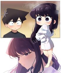 Rule 34 | 1boy, 1girl, absurdres, artist name, bare legs, barefoot, black eyes, black hair, blush, border, chibi, chibi inset, close-up, collared shirt, covering own mouth, gradient background, hair between eyes, hand over own mouth, highres, j humbo, komi-san wa komyushou desu, komi shouko, long hair, long sleeves, looking at another, no mouth, oversized clothes, oversized shirt, purple eyes, shirt, short hair, sidelocks, sleeves past wrists, standing, steam, steaming body, sweat, swept bangs, t-shirt, tadano hitohito, trembling, upper body, white shirt, wide-eyed