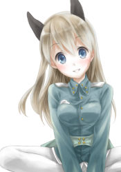 Rule 34 | 1girl, animal ears, blonde hair, blue eyes, blush, eila ilmatar juutilainen, fox ears, head tilt, indian style, long hair, looking at viewer, pantyhose, sitting, smile, solo, strike witches, uniform, v arms, white pantyhose, world witches series, yamori (stom)