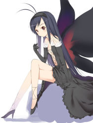 Rule 34 | 10s, 1girl, accel world, antenna hair, bare shoulders, black hair, butterfly wings, crossed legs, dress, elbow gloves, flat chest, gloves, twirling hair, hairband, high heels, insect wings, kuroyukihime, legs, long hair, long legs, looking at viewer, shoes, sitting, solo, wings, yamamoto shima
