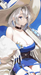 Rule 34 | 1girl, absurdres, alchemy stars, azure (alchemy stars), bare shoulders, belt, blue dress, blue eyes, blue hair, boots, breasts, choker, cleavage, cowboy hat, dress, facial mark, fur-trimmed jacket, fur trim, garter straps, gloves, grey hair, gun, hat, highres, jacket, large breasts, long hair, looking at viewer, multicolored hair, rifle, sniper rifle, solo, thighhighs, weapon, white jacket, yeconqoce