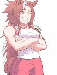 Rule 34 | 1girl, absurdres, air shakur (umamusume), alternate hair color, arm tattoo, artist name, commentary request, cowboy shot, crossed arms, facial tattoo, grin, highres, long hair, looking at viewer, mukakin, multicolored hair, muscular, muscular female, pants, red pants, sharp teeth, shirt, simple background, smile, solo, streaked hair, tattoo, teeth, tracen training uniform, track pants, umamusume, umamusume: cinderella gray, white background, white hair, white shirt, yellow eyes