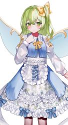 Rule 34 | 1girl, alternate costume, back bow, blue bow, blue dress, blue vest, blush, bow, breasts, closed mouth, daiyousei, dress, dress bow, eyelashes, fairy wings, frilled dress, frills, green eyes, green hair, hair between eyes, hair ribbon, long sleeves, looking at viewer, medium breasts, medium hair, one side up, ribbon, sakizaki saki-p, sash, shirt, side ponytail, simple background, solo, symbol-only commentary, touhou, tress ribbon, twitter username, vest, white background, white sash, white shirt, wings, yellow neckwear, yellow ribbon