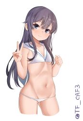 Rule 34 | absurdres, akatsuki (kancolle), bikini, breasts, cowboy shot, cropped legs, groin, highres, kantai collection, low twintails, navel, one-hour drawing challenge, purple eyes, purple hair, sailor bikini, sailor collar, simple background, small breasts, smile, swimsuit, tf cafe, twintails, twitter username, v, white background, white bikini