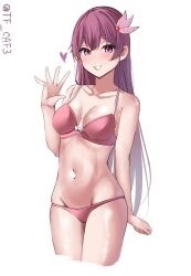 Rule 34 | 1girl, blush, bra, breasts, brown hair, cowboy shot, hair ornament, heart, highres, kantai collection, kisaragi (kancolle), long hair, looking at viewer, navel, one-hour drawing challenge, panties, pink bra, pink panties, purple eyes, simple background, small breasts, smile, solo, tf cafe, twitter username, underwear, underwear only, white background