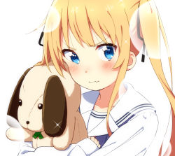 Rule 34 | 1girl, black ribbon, blonde hair, blue eyes, blue vest, blush, closed mouth, fang, fang out, hair ribbon, jabittoson, long hair, long sleeves, looking at viewer, hugging object, ribbon, saenai heroine no sodatekata, sailor collar, sawamura spencer eriri, shirt, sidelocks, simple background, sleeves past wrists, solo, stuffed animal, stuffed dog, stuffed toy, twintails, upper body, v-shaped eyebrows, vest, white background, white sailor collar, white shirt