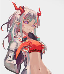Rule 34 | 1girl, arknights, bandeau, breasts, closed mouth, coat, colored skin, e nnihql, grey background, grey hair, hand up, highres, horns, long hair, long sleeves, looking at viewer, multicolored hair, multicolored skin, navel, nian (arknights), open clothes, open coat, pointy ears, purple eyes, sidelocks, simple background, small breasts, smile, solo, streaked hair, upper body, white coat