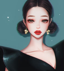 Rule 34 | 1girl, black dress, black eyes, black hair, commentary request, dress, earrings, eyelashes, highres, jewelry, lips, looking at viewer, original, parted lips, portrait, red lips, rena illusion, short hair, solo, sparkle