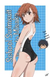 Rule 34 | 1girl, 2024, 20s, ass, bare hips, bare shoulders, blush, border, breasts, brown eyes, brown hair, character name, competition school swimsuit, competition swimsuit, english text, from behind, highres, looking at viewer, looking back, matching hair/eyes, misaka mikoto, nashdnash2007, one-piece swimsuit, parted lips, school swimsuit, short hair, shy, signature, small breasts, solo, standing, swimsuit, thighs, toaru kagaku no railgun, toaru majutsu no index, tokiwadai school swimsuit, white border