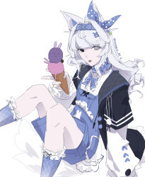 Rule 34 | 1girl, absurdres, ahoge, animal ears, black jacket, bow, choker, commentary, cross-shaped pupils, frilled choker, frilled shirt, frills, grey eyes, grey hair, hair bow, hair intakes, hairband, heterochromia, highres, holding, holding ice cream cone, ice cream cone, jacket, long hair, mechanical ears, mismatched pupils, official alternate costume, punishing: gray raven, purple bow, purple choker, purple hairband, rebbie rt, shirt, sidelocks, solo, symbol-shaped pupils, tongue, tongue out, twitter username, white background, white shirt, wolf ears