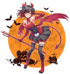 Rule 34 | 1girl, bad id, bad twitter id, bat (animal), black hair, black thighhighs, breasts, cleavage, corset, gradient hair, grey eyes, halloween, hand in own hair, highres, horns, iesupa, multicolored hair, orange background, plant, polearm, pumpkin, red hair, ruby rose, rwby, short hair, solo, thighhighs, trident, two-tone hair, weapon, white background, wings
