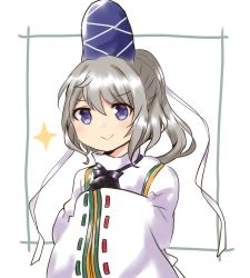 Rule 34 | 1girl, :&gt;, black ribbon, blue eyes, blue hat, closed mouth, commentary request, green ribbon, grey hair, hands in opposite sleeves, hat, highres, japanese clothes, kariginu, long sleeves, medium hair, mononobe no futo, ponytail, pppia725, red ribbon, ribbon, ribbon-trimmed sleeves, ribbon trim, skirt, smile, solo, sparkle, tate eboshi, touhou, white ribbon, wide sleeves