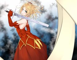 Rule 34 | 1girl, bare shoulders, blonde hair, blue background, blue eyes, breasts, carissa, closed mouth, commentary request, crown, curtana, dress, elbow gloves, feet out of frame, from side, gloves, hand up, head tilt, holding, holding sword, holding weapon, light blush, long dress, long hair, looking at viewer, medium breasts, mini crown, over shoulder, partial commentary, princess, red dress, red gloves, shin (highest1192), smile, solo, standing, sword, sword over shoulder, toaru majutsu no index, toaru majutsu no index: old testament, weapon, weapon over shoulder