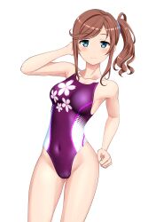 Rule 34 | 1girl, absurdres, blue eyes, breasts, brown hair, competition swimsuit, covered navel, floral print, hair ornament, hair scrunchie, high school fleet, highleg, highleg swimsuit, highres, ise sakura, long hair, looking at viewer, medium breasts, multicolored clothes, multicolored swimsuit, one-piece swimsuit, purple one-piece swimsuit, scrunchie, side ponytail, simple background, solo, standing, swimsuit, takafumi, variant set, white background
