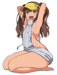 Rule 34 | arms up, breasts, brown hair, full body, green eyes, hai ookami, halterneck, heart, heart-shaped pupils, highres, legs, long hair, meme attire, mole, mole under eye, original, seiza, simple background, sitting, small breasts, smile, solo, symbol-shaped pupils, tan, thighs, twintails, virgin killer sweater, visor cap, white background