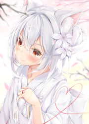 Rule 34 | 1girl, animal ears, azur lane, blurry, blush, cat ears, cat girl, collarbone, crying, crying with eyes open, depth of field, flower, from above, hair bun, hair flower, hair ornament, happy, highres, japanese clothes, kimono, kokuto (kurousagi1210), long hair, looking at viewer, looking up, obi, official alternate costume, orange eyes, sash, smile, solo, streaming tears, string, string of fate, tears, uchikake, white hair, yukikaze (azur lane), yukikaze (the warmth of spring) (azur lane)