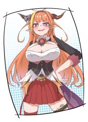 Rule 34 | 1girl, ahoge, black jacket, blonde hair, blunt bangs, border, bow, braid, breasts, bright pupils, brooch, brown hairband, cleavage, cleavage cutout, clothing cutout, collared shirt, commentary, cropped legs, diagonal-striped bow, dragon girl, dragon horns, dragon tail, english commentary, eyes visible through hair, fang, gem, gradient background, hairband, hand on own hip, highres, hip vent, hololive, horn bow, horn ornament, horns, jacket, jewelry, kiryu coco, kiryu coco (1st costume), large breasts, long hair, looking at viewer, midoku (itijikusakura), miniskirt, multicolored eyes, multicolored hair, open mouth, orange hair, pleated skirt, pointy ears, polka dot, polka dot background, purple eyes, red eyes, red skirt, shirt, side-tie skirt, side braid, sidelocks, single braid, single thighhigh, skirt, solo, standing, streaked hair, striped, striped bow, tail, teeth, thigh strap, thighhighs, upper teeth only, very long hair, virtual youtuber, white background, white pupils, white shirt