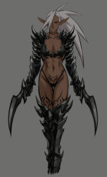 Rule 34 | 1girl, abs, armor, bikini, bikini armor, breasts, cleavage, collarbone, commentary request, dark-skinned female, dark elf, dark skin, drill (emilio), ear piercing, elf, full body, gauntlets, grey background, hair over one eye, high heels, highres, holding, holding sword, holding weapon, leg armor, leg tattoo, long hair, looking at viewer, medium breasts, midriff, navel, neck tattoo, neytharone (drill (emilio)), original, piercing, pointy ears, ponytail, pubic tattoo, red eyes, simple background, solo, standing, swimsuit, sword, tattoo, weapon, white hair