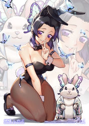 Rule 34 | 1girl, alternate costume, animal, animal ears, animal print, armband, artist logo, artist name, bare legs, bare shoulders, between legs, black bow, black bowtie, black footwear, black hair, black pantyhose, blush, bow, bowtie, breasts, bug, butterfly, butterfly hair ornament, character name, cleavage, clothed animal, detached collar, english text, fake animal ears, fake tail, finger to mouth, forehead, full body, gradient hair, hair ornament, hand between legs, highres, index finger raised, insect, japanese clothes, kimetsu no yaiba, kneeling, kochou shinobu, leotard, lips, lipstick, looking at viewer, makeup, medium breasts, multicolored hair, pantyhose, parted bangs, parted lips, playboy bunny, purple eyes, purple hair, rabbit, rabbit ears, rabbit tail, shoes, short hair, simple background, siriuflong, smile, solo, tail, thighs, two-tone hair, watermark, web address, white background, wrist cuffs, zoom layer