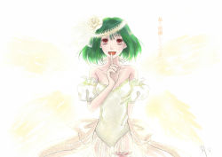 Rule 34 | 1girl, detached sleeves, dress, female focus, finger to mouth, gradient background, green hair, macross, macross frontier, melody mi1112, puffy sleeves, ranka lee, red eyes, short hair, solo, strapless, strapless dress, white background