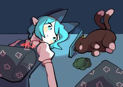 Rule 34 | 1girl, = =, animal, aqua eyes, aqua hair, black cat, blue bow, blue dress, blush, bow, bright pupils, cat, cellphone, chen, chen (cat), cirno, closed eyes, closed mouth, collared shirt, commentary, dark, dress, earrings, english commentary, expressionless, eyes visible through hair, floral print, glowing, hair bow, hat, unworn hat, unworn headwear, hoop earrings, indoors, jewelry, light, looking at animal, looking to the side, lying, multiple tails, neck ribbon, nekomata, no mouth, no nose, on back, on side, organsoup, outstretched arm, parody, phone, photo-referenced, pillow, pinafore dress, pointy ears, print pillow, puffy short sleeves, puffy sleeves, red ribbon, ribbon, shirt, short hair, short sleeves, sidelighting, single earring, sleeping, sleeveless dress, smartphone, swept bangs, tail, touhou, two tails, upper body, white pupils, white shirt, wing collar