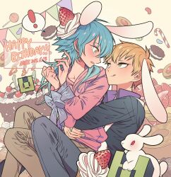 Rule 34 | !, 2boys, animal ears, birthday cake, blonde hair, blue hair, blush, bound, bound wrists, brown pants, cake, candle, candy, candy cane, cherry, chocolate cake, cookie, dramatical murder, fire, food, fruit, hands up, happy birthday, highres, hug, hug from behind, jelly bean, lollipop, long hair, long sleeves, looking at another, looking back, male focus, meremero, multiple boys, noiz (dramatical murder), open mouth, pants, pink shirt, profile, purple shirt, rabbit, rabbit ears, seragaki aoba, shirt, short hair, sitting, sitting on lap, sitting on person, smile, spoken exclamation mark, strawberry, surprised, tongue, tongue out, yaoi