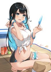 Rule 34 | 1girl, absurdres, barefoot, black hair, blue hair, bra strap, bracelet, buruma, can, collarbone, cropped shirt, food, hand in own hair, hat, highres, holding, holding food, jewelry, long hair, looking at viewer, midriff, multicolored eyes, multicolored hair, navel, open mouth, original, popsicle, seiza, shirt, sitting, solo, thigh strap, tied shirt, toes, tsukino (nakajimaseiki), white shirt