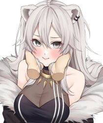 Rule 34 | 1girl, ahoge, animal ears, bare shoulders, black jacket, black shirt, blush, breasts, cleavage, crop top, disembodied limb, embarrassed, fur-trimmed jacket, fur trim, grey eyes, grey hair, hair between eyes, hands on another&#039;s face, hololive, jacket, jewelry, large breasts, lion ears, lion girl, long hair, looking at viewer, necklace, off shoulder, open clothes, open jacket, pout, puffy cheeks, see-through, see-through cleavage, shirt, shishiro botan, shishiro botan (1st costume), sidelocks, simple background, sleeveless, sleeveless shirt, solo, standing, two side up, virtual youtuber, white background, yuya (yuya illust)