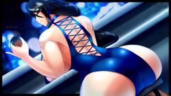 Rule 34 | 1girl, absurdres, ass, back, black hair, blue dress, blue eyes, breasts, cityscape, dress, from behind, highres, huge ass, large breasts, leg up, long hair, looking at viewer, looking back, muscular, muscular female, original, seductive smile, sideboob, sitting, sleeveless, smile, solo, suketchib, suki (suketchib), thick thighs, thighhighs, thighs, wide hips