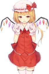 Rule 34 | 1girl, ascot, blonde hair, blush, bow, fang, flandre scarlet, gloves, hat, hat bow, highres, long hair, looking at viewer, open mouth, pointy ears, red eyes, ribbon-trimmed headwear, ribbon trim, shone, short sleeves, side ponytail, simple background, skirt, skirt set, solo, thighhighs, touhou, white background, white gloves, white thighhighs, wings, zettai ryouiki