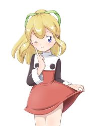 Rule 34 | 1girl, artist request, blonde hair, closed mouth, dress, green eyes, green ribbon, hair ribbon, long hair, looking at viewer, mega man (classic), mega man (series), ponytail, red dress, red skirt, ribbon, roll (mega man), simple background, skirt, smile, solo, white background