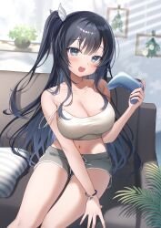 Rule 34 | 1girl, :d, black hair, blue eyes, breasts, camisole, cleavage, commentary request, controller, couch, feet out of frame, game controller, grey shorts, gyozanuko, hair between eyes, hair ribbon, hand up, highres, holding, large breasts, long hair, looking at viewer, navel, on couch, one side up, open mouth, original, ribbon, short shorts, shorts, sitting, smile, solo, strap slip, striped pillow, teeth, upper teeth only, very long hair, white camisole, white ribbon