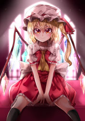 Rule 34 | 1girl, absurdres, ascot, back bow, backlighting, between legs, black thighhighs, blonde hair, blouse, bow, closed mouth, collared shirt, commentary request, crystal, feet out of frame, flandre scarlet, frilled shirt collar, frilled skirt, frilled sleeves, frills, hair between eyes, hand between legs, hat, hat ribbon, highres, indoors, looking at viewer, mahoro (minase mahoro), medium hair, mob cap, multicolored wings, orange eyes, puffy short sleeves, puffy sleeves, red ribbon, red skirt, red vest, ribbon, shirt, short sleeves, sitting, skirt, skirt set, smile, solo, thighhighs, touhou, vest, white hat, white shirt, window, wings, yellow ascot