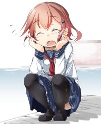 Rule 34 | 10s, 1girl, :d, ^ ^, aki (akikaze asparagus), black thighhighs, blue skirt, brown hair, closed eyes, elbows on knees, closed eyes, facing viewer, fang, hair ornament, hairclip, hands on own face, head rest, ikazuchi (kancolle), kantai collection, long sleeves, neckerchief, open mouth, pleated skirt, red neckerchief, sailor collar, school uniform, serafuku, short hair, skirt, smile, solo, squatting, thighhighs