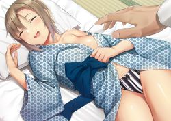Rule 34 | 1girl, blue kimono, blue sash, blush, bow, bow panties, breasts, brown hair, closed eyes, collarbone, commentary request, drooling, futon, hip focus, idolmaster, idolmaster cinderella girls, japanese clothes, kimono, lying, medium breasts, midriff peek, navel, off shoulder, on back, open clothes, open kimono, open mouth, out of frame, outstretched hand, panties, pillow, sash, short hair, sleeping, smile, solo focus, striped clothes, striped panties, tada riina, thighs, umihotaru harumare, underwear, vertical-striped clothes, vertical-striped panties, wide sleeves