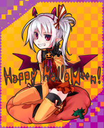 Rule 34 | 1girl, albino, antennae, fang, grin, halloween, happy halloween, horns, kaida michi, long hair, pink eyes, pointy ears, side ponytail, smile, solo, squatting, thighhighs, v, white hair, wings