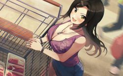 Rule 34 | black hair, blush, breasts, cleavage, denim, denim shorts, dutch angle, floating hair, food, highres, idolmaster, idolmaster cinderella girls, large breasts, leaning forward, leaning on object, looking at viewer, meat, motion blur, mukai takumi, partially unzipped, purple shirt, shangzi, shirt, shopping cart, shorts, smile, solo focus, straight hair