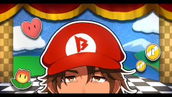 Rule 34 | 1boy, belmond banderas, brown eyes, brown hair, cabbie hat, checkered floor, choco (chocovix112), coin, cosplay, curtains, eyebrows hidden by hair, fire flower, hat, highres, letterboxed, male focus, mario, mario (cosplay), mario (series), nijisanji, nintendo, outline, parted bangs, peeking out, red headwear, thick eyebrows, virtual youtuber, white outline