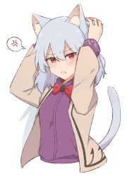 Rule 34 | 1girl, anger vein, animal ears, annoyed, arms up, beige jacket, blush, bow, bowtie, breasts, brooch, cat ears, cat tail, commentary, cropped torso, dress, english commentary, furrowed brow, hair between eyes, hands up, highres, idaku, jewelry, kemonomimi mode, kishin sagume, long sleeves, looking at viewer, medium hair, open mouth, purple dress, red bow, red bowtie, red eyes, silver hair, simple background, single wing, small breasts, solo, speech bubble, spoken anger vein, tail, touhou, upper body, v-shaped eyebrows, white background, wings