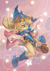 Rule 34 | 1girl, :d, bare shoulders, blonde hair, blue footwear, blush stickers, boots, breasts, choker, collarbone, commentary request, dark magician girl, duel monster, fushitasu, green eyes, hair between eyes, hat, holding, holding staff, long hair, looking at viewer, open mouth, smile, solo, staff, star (symbol), tongue, twitter username, yellow choker, yu-gi-oh!