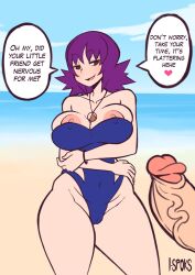 Rule 34 | 1boy, 1girl, beach, blue one-piece swimsuit, blue sky, breasts, brown eyes, cameltoe, cleavage, cleft of venus, creatures (company), crossed arms, curvy, english text, game freak, heart, hetero, highleg, highleg swimsuit, highres, ilustretsspoks, imminent penetration, jewelry, large breasts, lips, long hair, long sleeves, looking at penis, looking at viewer, necklace, nintendo, nipples, ocean, one-piece swimsuit, open mouth, penis, pervert, philena ivy, pokemon, pokemon (anime), pokemon (classic anime), purple hair, simple background, sky, solo, swimsuit, teeth, thighs, uncensored, water, wide hips