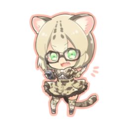 Rule 34 | &gt;:3, 10s, 1girl, :3, ^^^, animal ears, black-framed eyewear, blonde hair, bow, bowtie, cat ears, cat tail, chibi, commentary request, cross-laced footwear, dot nose, elbow gloves, fang, full body, glasses, gloves, green eyes, holding, kemono friends, looking at viewer, lowres, maora oto, margay (kemono friends), open mouth, outline, pink outline, shirt, short hair, simple background, skirt, sleeveless, sleeveless shirt, smile, solo, spotted hair, standing, tail, thighhighs, v-shaped eyebrows, white background, white shirt, zettai ryouiki
