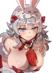 Rule 34 | 1girl, between breasts, blue eyes, bow (bhp), breasts, closed mouth, copyright request, grey hair, hairband, large breasts, leotard, long hair, looking at viewer, red leotard, red pupils, simple background, smile, solo, white background