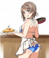 Rule 34 | 1girl, apron, ass, back, bikini, blush, breasts, cooking, food, from behind, looking at viewer, love live!, love live! sunshine!!, medium breasts, nearly naked apron, omelet, omurice, short hair, smile, solo, swimsuit, turkey min, watanabe you