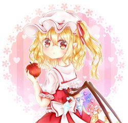 Rule 34 | 1girl, :t, apple, blonde hair, blush, bow, crystal, eating, expressionless, flandre scarlet, food, from side, fruit, hair between eyes, hair ribbon, hat, heart, highres, holding, holding food, holding fruit, lace background, looking at viewer, looking back, mimi89819132, mob cap, pink background, pointy ears, puffy short sleeves, puffy sleeves, red eyes, red skirt, red vest, ribbon, shirt, short hair, short sleeves, side ponytail, skirt, skirt set, solo, striped background, striped ribbon, touhou, vertical stripes, vest, wavy hair, white bow, white hat, white shirt, wings
