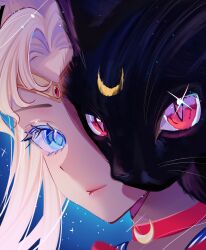 1girl absurdres bishoujo_senshi_sailor_moon black_fur blonde_hair blue_eyes blue_sky cat choker circlet commentary english_commentary eye_focus eyelashes highres kayla-chan lips long_hair looking_at_viewer luna_(sailor_moon) magical_girl night night_sky portrait red_choker red_eyes sailor_collar sailor_senshi sailor_senshi_uniform sky slit_pupils smile star_(sky) starry_sky tsukino_usagi