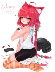 Rule 34 | 1girl, ahoge, animal ears, ass, asymmetrical legwear, bad id, bad pixiv id, bike shorts, black shorts, blue eyes, blush, breasts, bullet, cat ears, character name, dokomon, feet, hair bobbles, hair ornament, helmet, highres, hinata channel, long hair, looking at viewer, low twintails, magazine (weapon), mismatched legwear, nekomiya hinata, no shoes, open mouth, orange thighhighs, playerunknown&#039;s battlegrounds, red hair, shirt, shorts, simple background, sitting, sleeveless, small breasts, solo, striped clothes, striped thighhighs, tank top, thighhighs, twintails, virtual youtuber, wariza, white background, white shirt