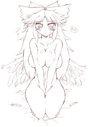 Rule 34 | 1girl, :o, between thighs, blush, bow, breasts squeezed together, breasts, cleavage, curvy, feathers, female focus, gekkou ookami, hair bow, highres, kneeling, large breasts, long hair, looking at viewer, monochrome, navel, nude, oekaki, reiuji utsuho, seiza, sitting, solo, thighs, touhou, wide hips, wings