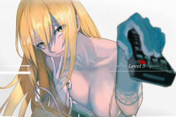 Rule 34 | 1girl, bag, blonde hair, breasts, commentary request, controller, elbow gloves, english text, gloves, hand on own chin, handbag, large breasts, long hair, looking at viewer, remote control, shokuhou misaki, smile, solo, star-shaped pupils, star (symbol), symbol-shaped pupils, toaru majutsu no index, walzrj, white background, yellow eyes
