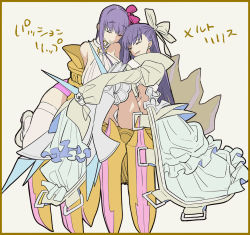Rule 34 | 2girls, breasts, dress, fate/extra, fate/grand order, fate (series), hair ornament, huge breasts, long hair, meltryllis (fate), meltryllis (third ascension) (fate), multiple girls, passionlip (fate), passionlip (third ascension) (fate), purple hair, wada arco, white background, white dress
